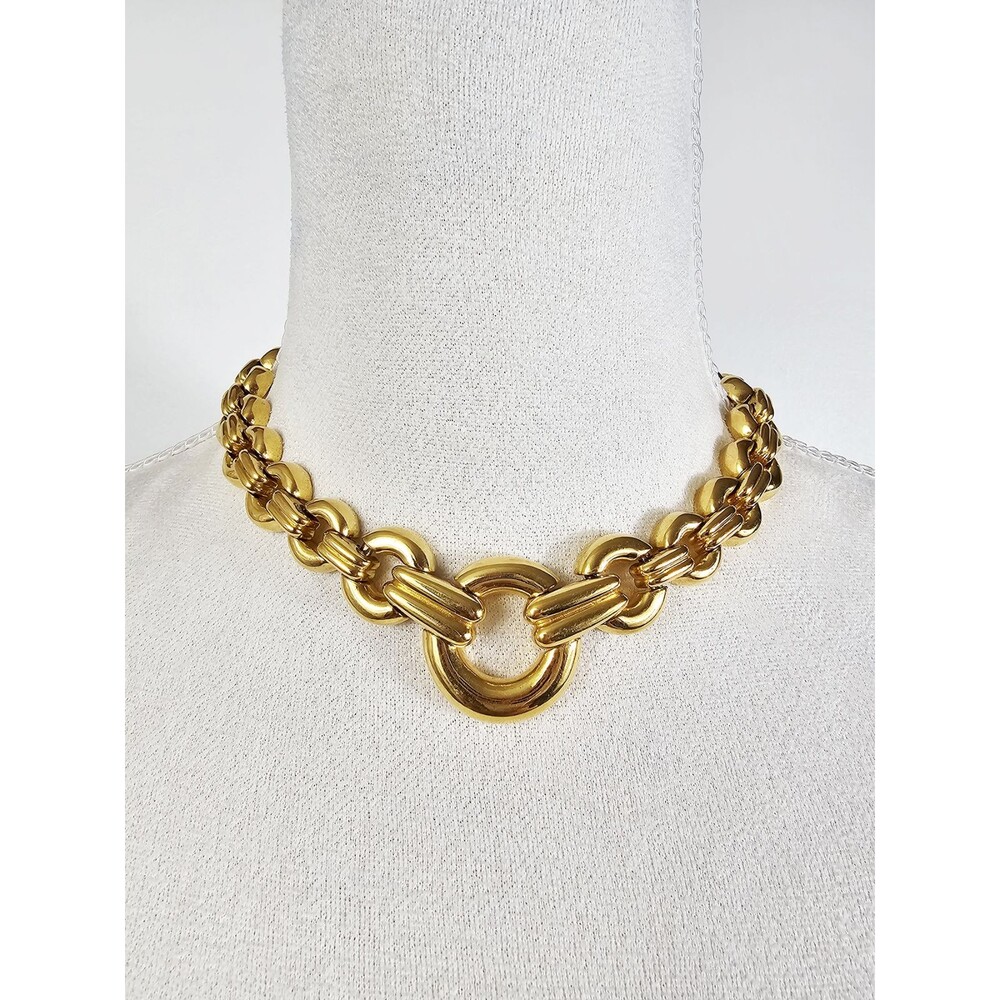 Gold Tone Chunky Bold Circle Links 80s 90s Retro Collar Necklace